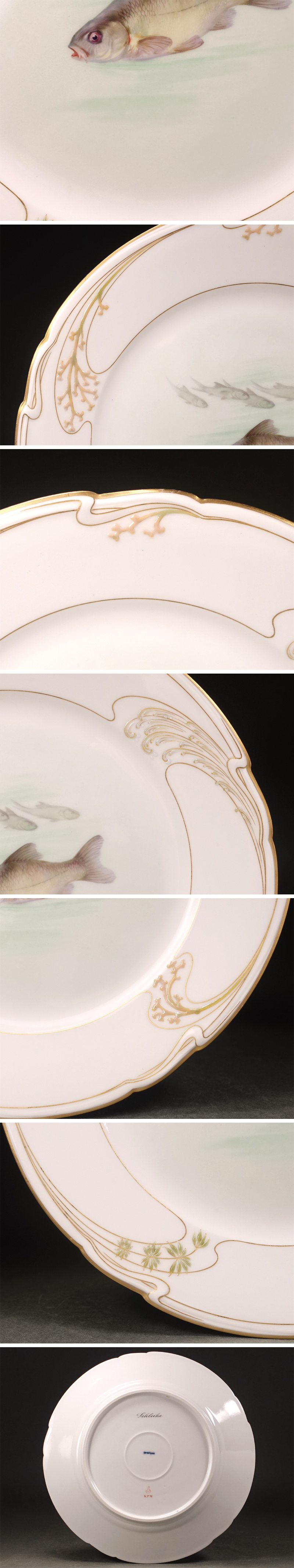 【 E566 】 真作保証品　ベルリン王立磁器製陶所　KPM　花々文八角形額皿 ∇花∇【KPMベルリン王立磁器製陶所】 総手描魚文プレート「テンチ